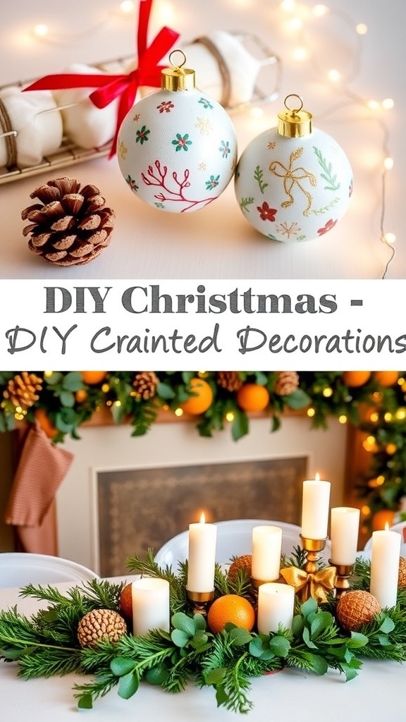 Aesthetic DIY Christmas decorations including painted ornaments, natural garland, and a festive centerpiece with candles.